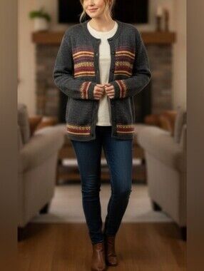 Vintage 90's Tag Blue Fair Isle Nordic Style Wool Blend Knit Button-Up Sweater L